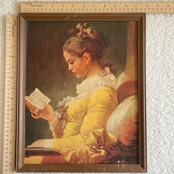 Vintage Fragonard A Young Girl Reading Textured Print Framed Wall Art 14x11 - Picture 1 of 6